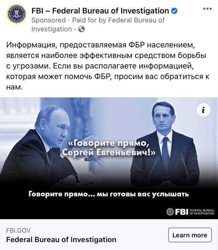 El FBI está enviando anuncios en las redes sociales dirigidos a teléfonos en la Embajada de Rusia en Washington, buscando usar las propias palabras del presidente ruso Vladimir Putin para generar nuevas fuentes de inteligencia. (FBI/Facebook)