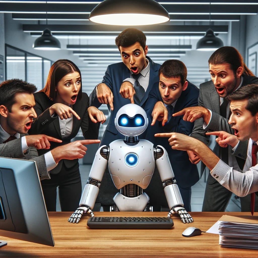 A humorous scene where a group of humans are pointing their fingers accusingly at a futuristic robot. The robot sits innocently in front of a computer, looking puzzled and harmless. The setting is an office, with modern and futuristic elements blending together. The atmosphere is light-hearted, and the expressions of the humans range from mock outrage to amusement, while the robot exhibits a facial expression that suggests innocence and confusion.