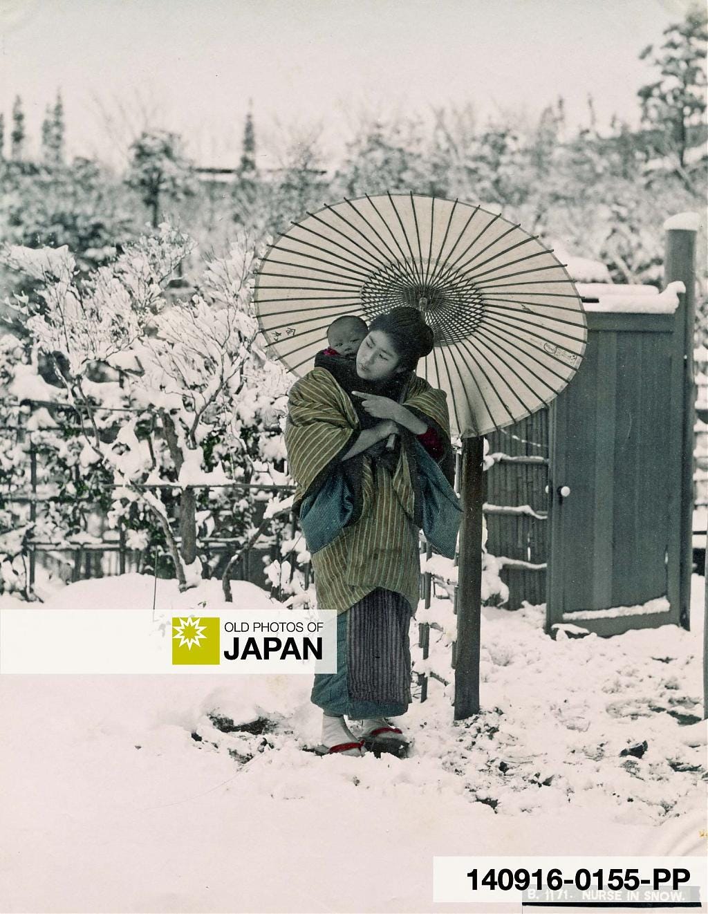 Japanese komori nursemaid and her charge in the snow, 1890s
