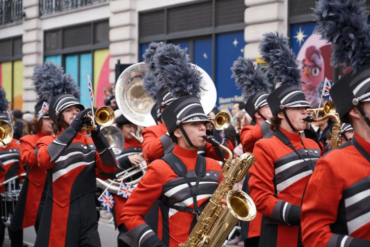 A marching band taking part in the New Year's Day Parade