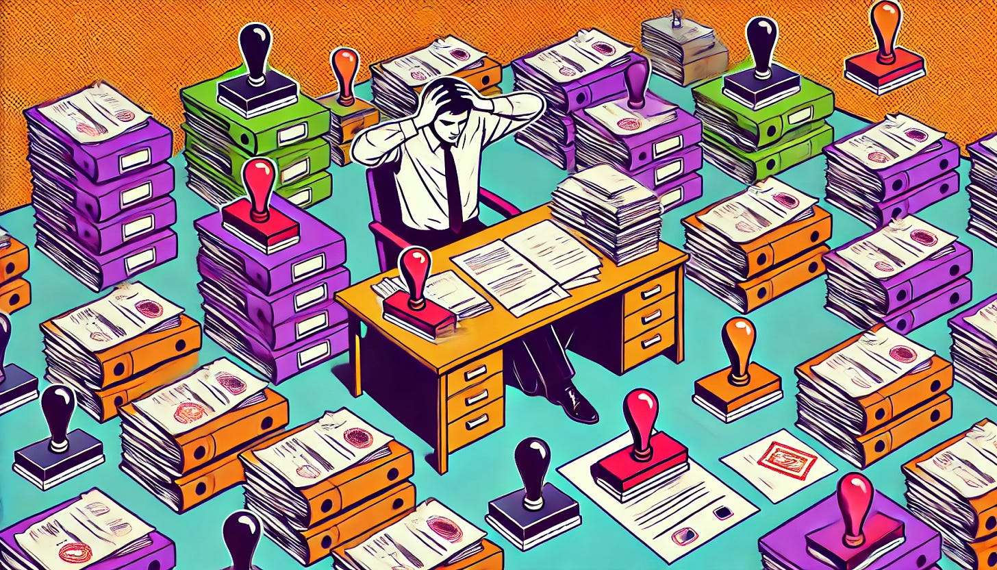 A pop art style illustration depicting bureaucracy in an office setting. The color palette is restricted to bright purple, bright orange, black, and white, with a white background. The design features stacks of paperwork, a desk surrounded by rubber stamps, and a frustrated employee amidst complex forms and files, symbolizing inefficiency and red tape. The scene is clean and minimal, capturing the essence of office bureaucracy.