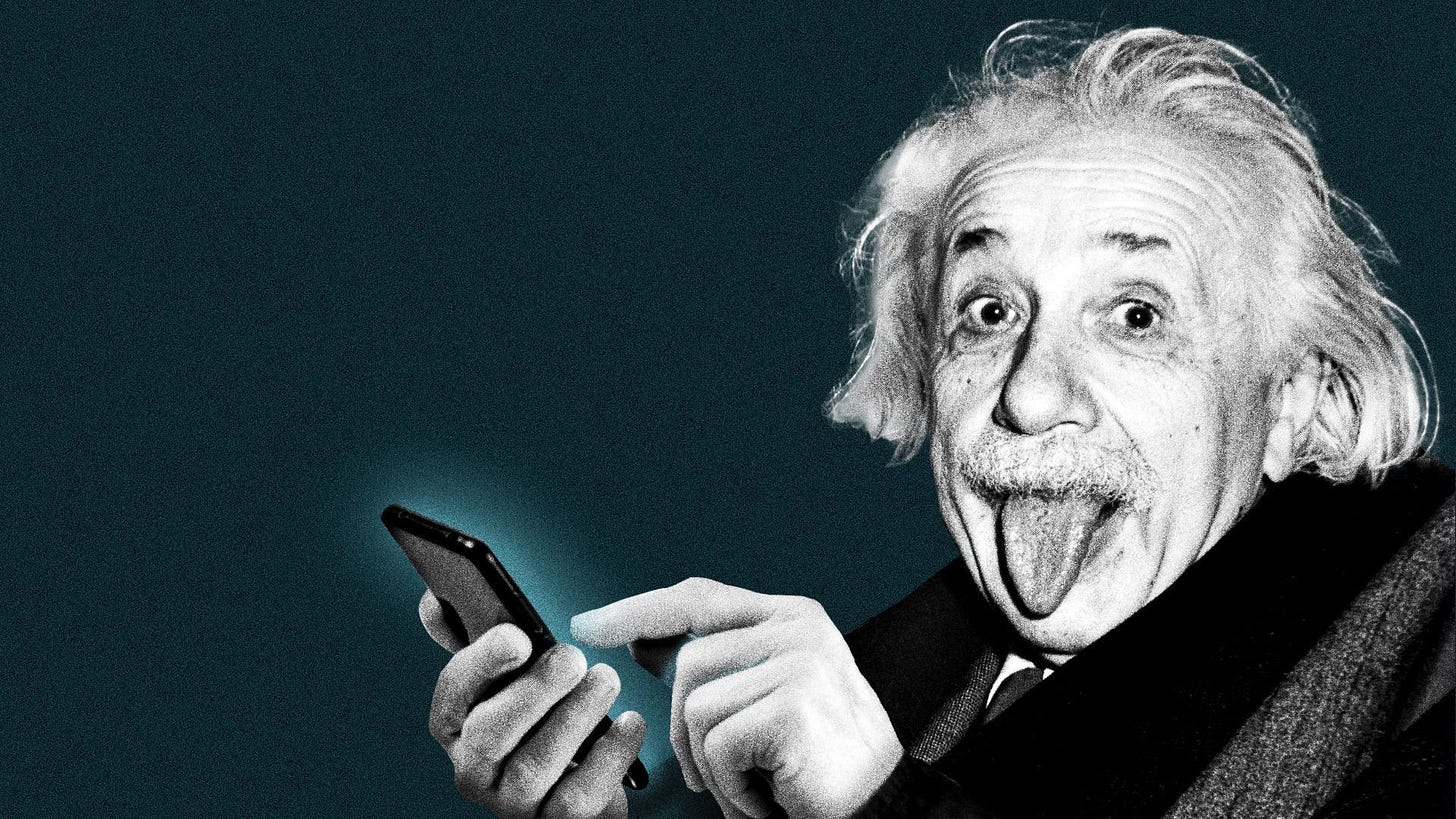Illustration of Albert Einstein holding a smartphone.