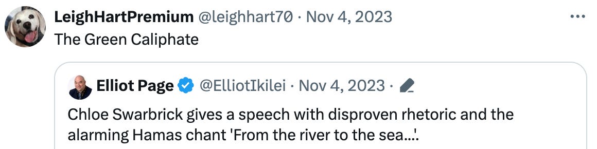 Leigh writes "The Green Caliphate" in response to "Chloe Swarbrick gives a speech with disproven rhetoric and the alarming Hamas chant 'From the river to the sea...'. "