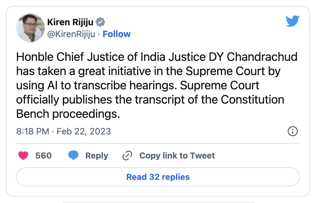 Twitter snapshot of Kiren Rijiju congratulating Supreme Court on adoption of AI