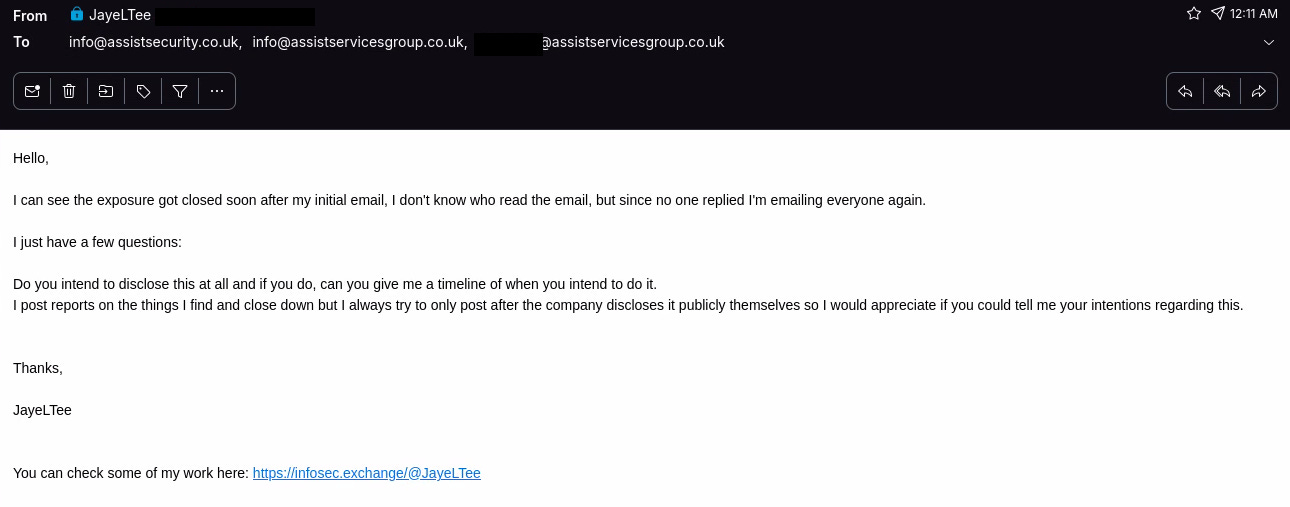 Screenshot of the email sent inquiring the company about intentions regarding disclosure.