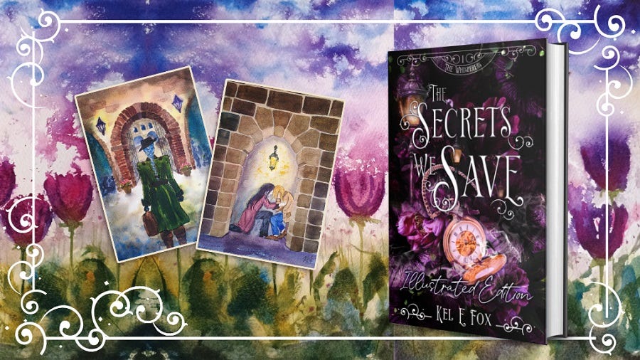 Kickstarter Campaign banner showing a hardcover of The Secrets We Save and illustrations