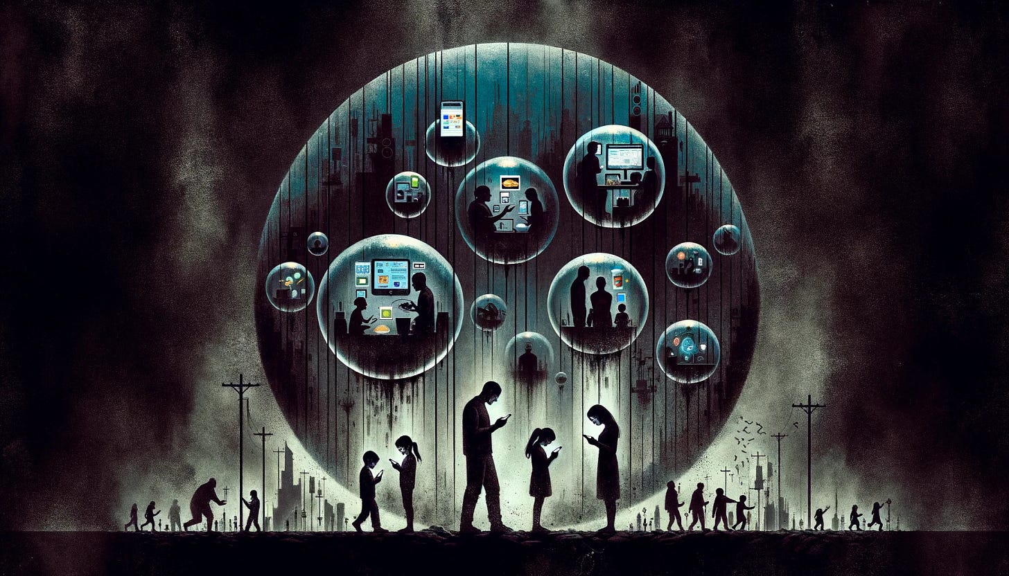 A dark, minimalist landscape illustrating the dire consequences of 'the drugification of everything,' impacting both family and society. In the center, a family is depicted as silhouettes, each member encased in their own bubble, symbolizing isolation due to addiction to various digital and consumer products. The family is disconnected from one another, each absorbed in their own world of smartphones, fast food, and screens, illustrating the breakdown of familial bonds. The background fades into a broader society, shown as a series of fragmented, shadowy outlines of buildings and social structures, symbolizing societal decay. This stark contrast between the isolated figures and the crumbling society around them emphasizes the theme of disconnection and the profound negative impacts of chasing dopamine stimulation.