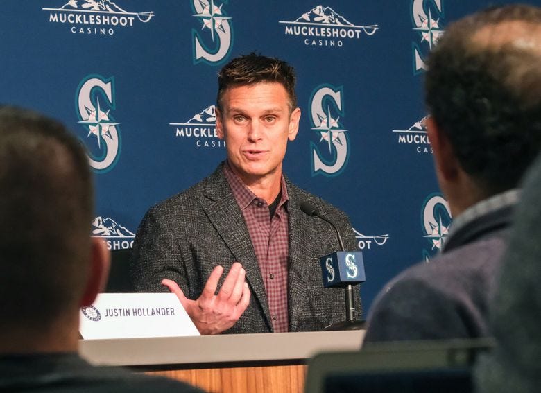 Jerry Dipoto, President of Baseball Operations, talks about the 2023 edition of the Seattle Mariners in February. (Dean Rutz / The Seattle Times)