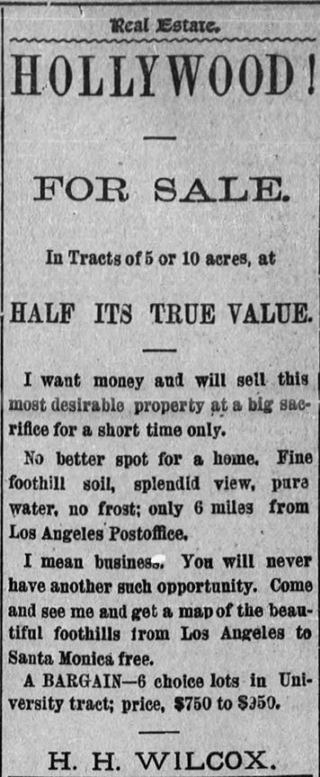 1889 newspaper add selling off tracts of land in Hollywood for half price