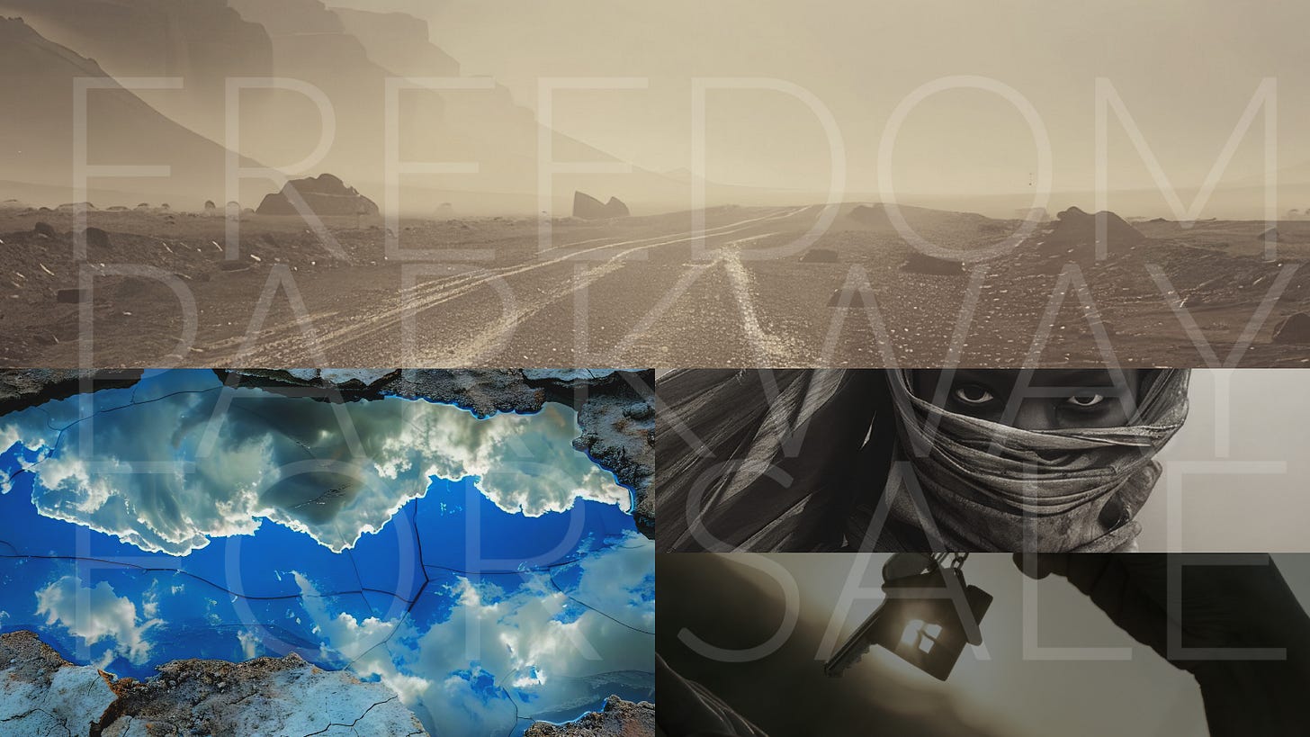 Montage of text images evoking themes of mirage and “real” estate.