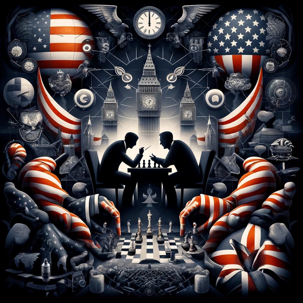 A visually compelling square image focusing on the concept of the Anglo-American order in the context of a planned and coordinated geopolitical act. The image should convey themes of control and manipulation, using symbolic elements such as intertwined flags of the UK and USA, chess pieces, maps, and shadowy figures representing hidden agendas. The overall style should be dramatic, thought-provoking, and complex, highlighting the power dynamics and intrigue without using any text.