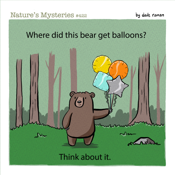 A brown bear is holding party balloons in the middle of an empty forest of trees. Where did this bear get the balloons? Think about it.