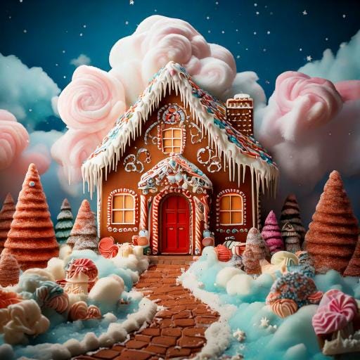 AI prompt: A Christmas gingerbread house with cotton candy clouds and a river of chocolate running in front of the house