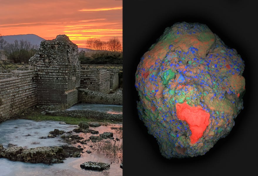 On left, Roman concrete structures of Privernum, Italy with icy puddles, orange sky, and rural location. On right, the concrete fragment is colorized with rainbow colors, including a prominent section colored red.