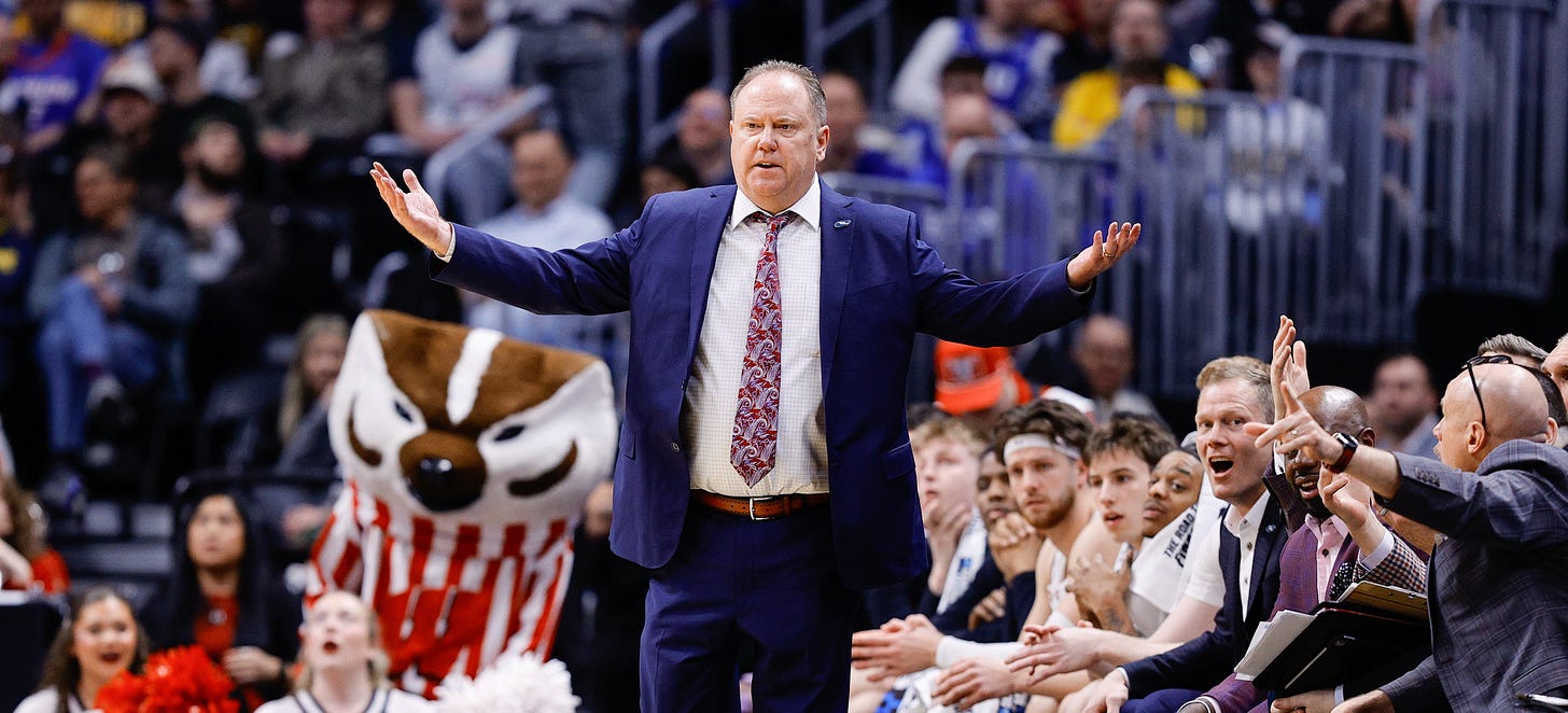 Wisconsin Badgers head coach Greg Gard reacts during the second half against the Montana Grizzlies in the first round of the NCAA Tournament at Ball Arena