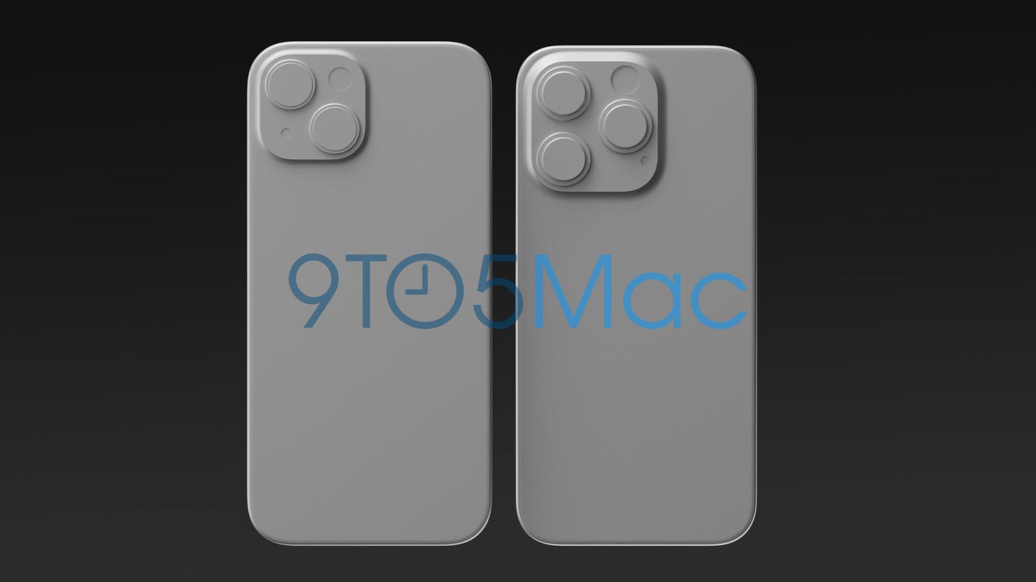 Renders comparing back of iPhone 15 (left) and iPhone 15 Pro (right) 