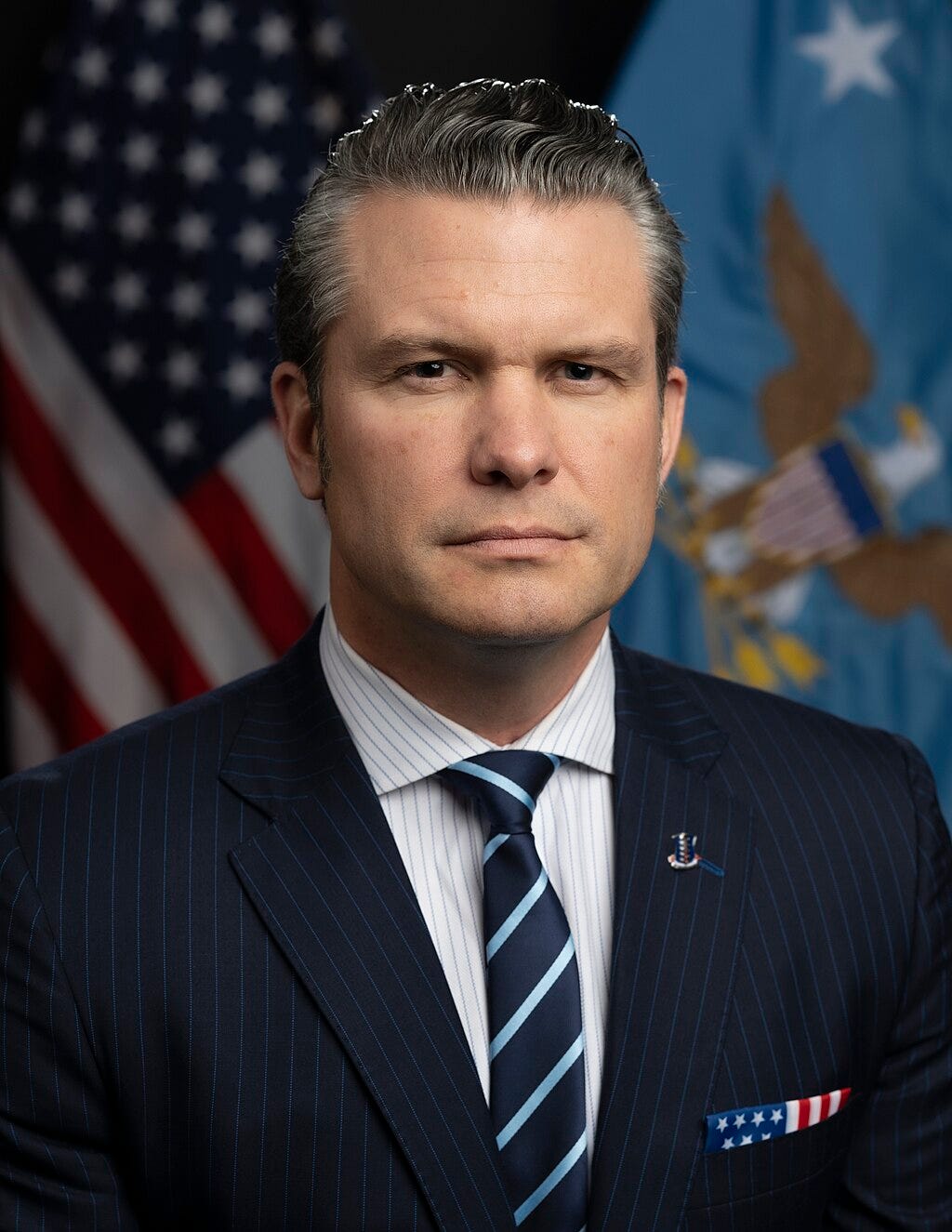 Defense Secretary Hegseth cosplaying as a serious person; official portrait, head and shoulders.