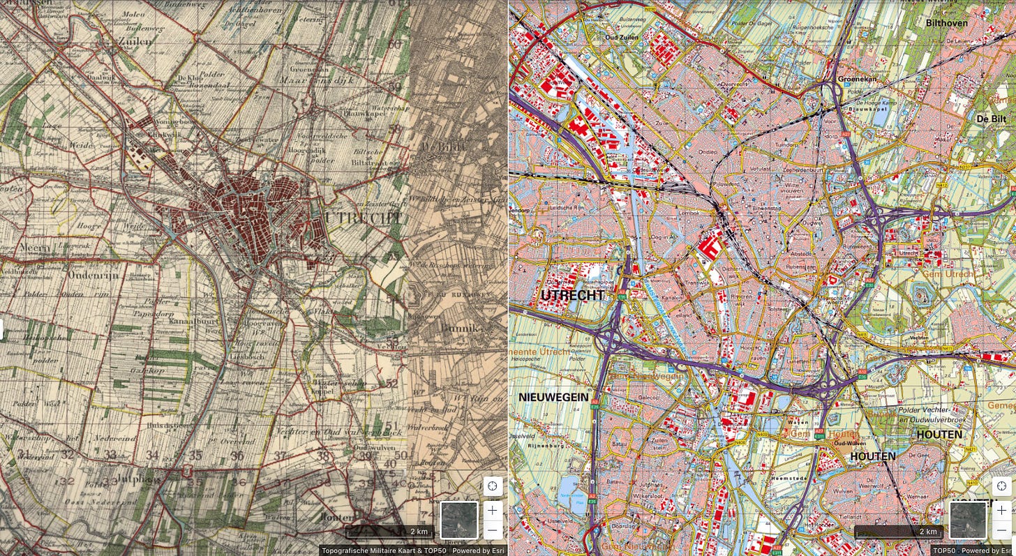 Topografische kaart van Utrecht in 1925 en 2022