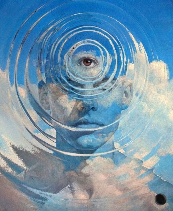 This may contain: a man with his head in the water surrounded by clouds