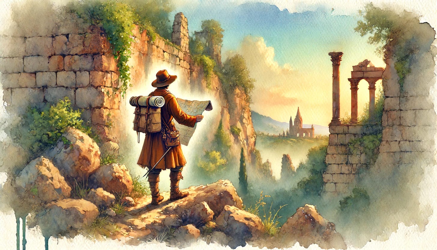 A watercolor painting of a person, dressed in historical explorer attire, engrossed in a map while walking towards a crumbling cliff edge. The background features an ancient ruin with ivy-covered stones and a distant horizon. The setting is late afternoon with soft, warm light and elongated shadows. Created Using: watercolor textures, historical style, detailed ruins, soft color palette, warm lighting, gentle brushstrokes, atmospheric depth, layered compositions, nuanced shading, historical accuracy, weathered textures, light reflections, dreamy ambiance, artistic interpretation.