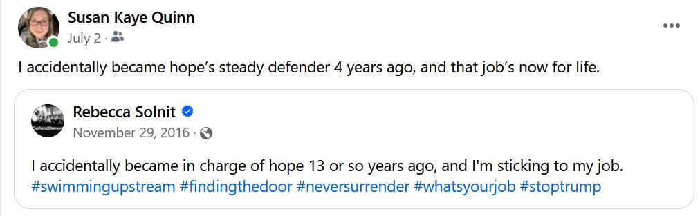  from 2016 wherein she said, “I accidentally became in charge of hope 13 or so years ago, and I’m sticking to my job.” That referred to the publication of her book, Hope in the Dark, back in 2004. I shared her post and added: “I accidentally became hope’s steady defender 4 years ago, and that job’s now for life.” 