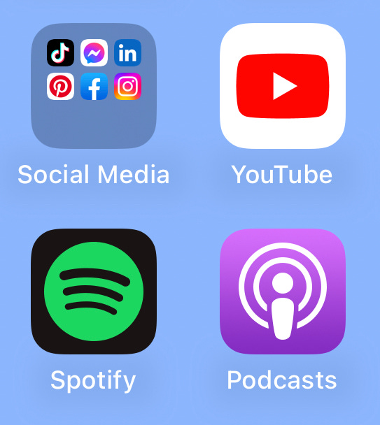 Image of apps on iPhone home screen, including Spotify, Podcasts, YouTube, TikTok, LinkedIn, Pinterest, Facebook, and INstagram