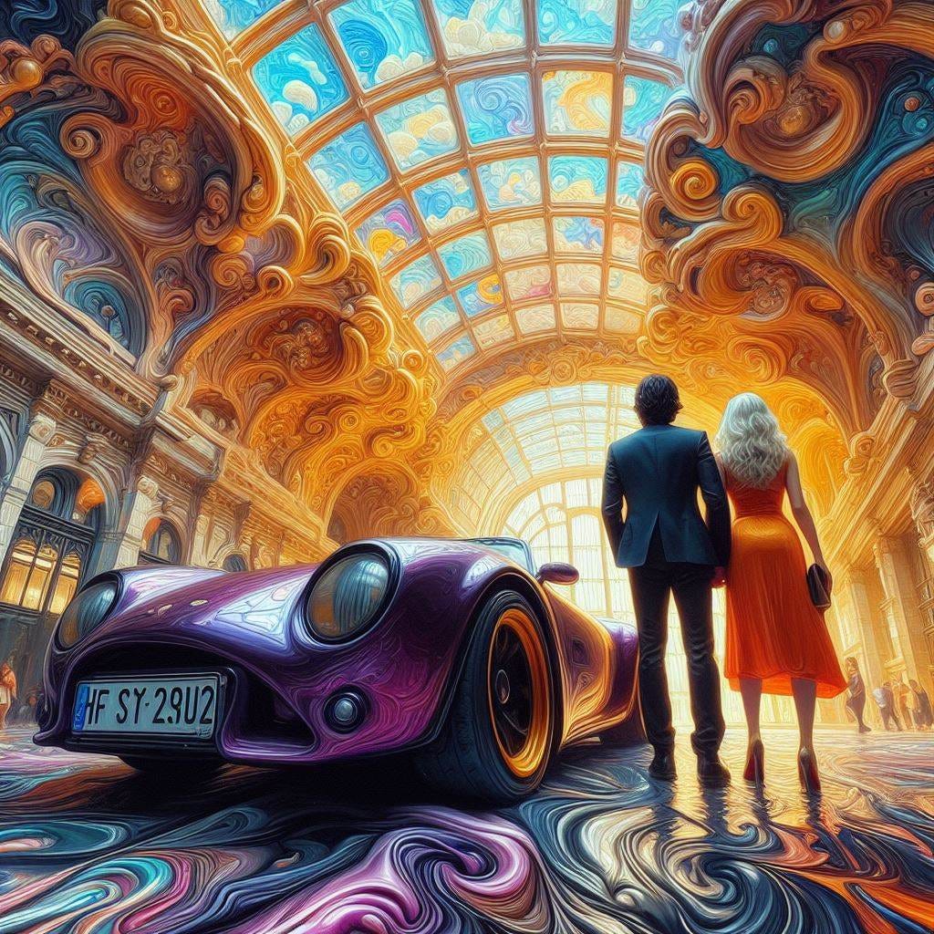 chunky oil painting with chunky paint scraper paint. Hyper-realistic; tilt shift; Lensbaby Effect: middle-aged dark haired man and blonde woman standing close to each other, next to dark purple blue irridescent sportscar.coral Quatrefoil:cream Gothic Tracery:Louver yellow/chartreuse decorative ceiling tiles.Hundertwasserhaus, Vienna, Austria: .• Grand Central Terminal, New York City, USA. Crystal sky. sunny sky, fluffy clouds. Vast distance. sunshower. radiant
