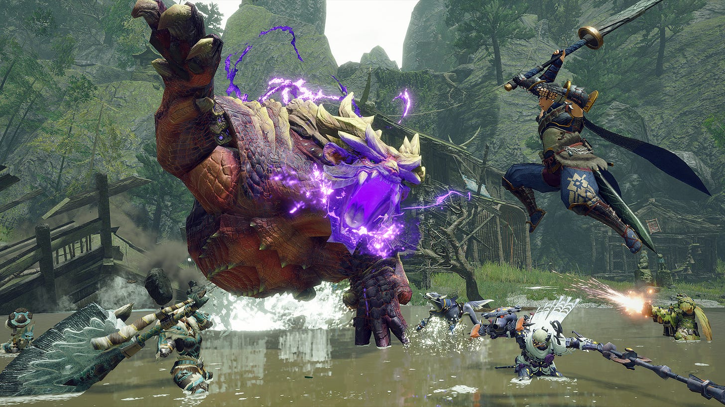 A Monster Hunter Rise screenshot with a woman whacking a big sea monster with a sword, as purple sparks come out of its mouth.