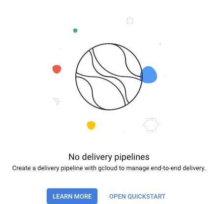 Screenshot of a circle with lines through it and text which says: No delivery pipelines. Create a delivery pipeline with gcloud to manage end-to-end delivery