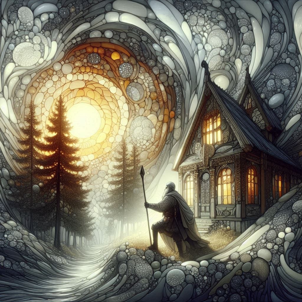 inside piercing air among trees; tiltshift/ 5d angle glass embedded Carla caves / Broken into fragments/ pieces Norse/Scandinavian man in traditional garb / leaning toward camera/ his house, glowing,  is a large cloud in the sky / RESIN SUN/ Norse/Scandinavian details.olive,ivory, chartrues, lace made of black water in resin/ coral orange, pink, cream, olive address/ reverberating waves/ water in resin verdigris/ In the style of Michael Parkes. black etching/ black linework/ 
