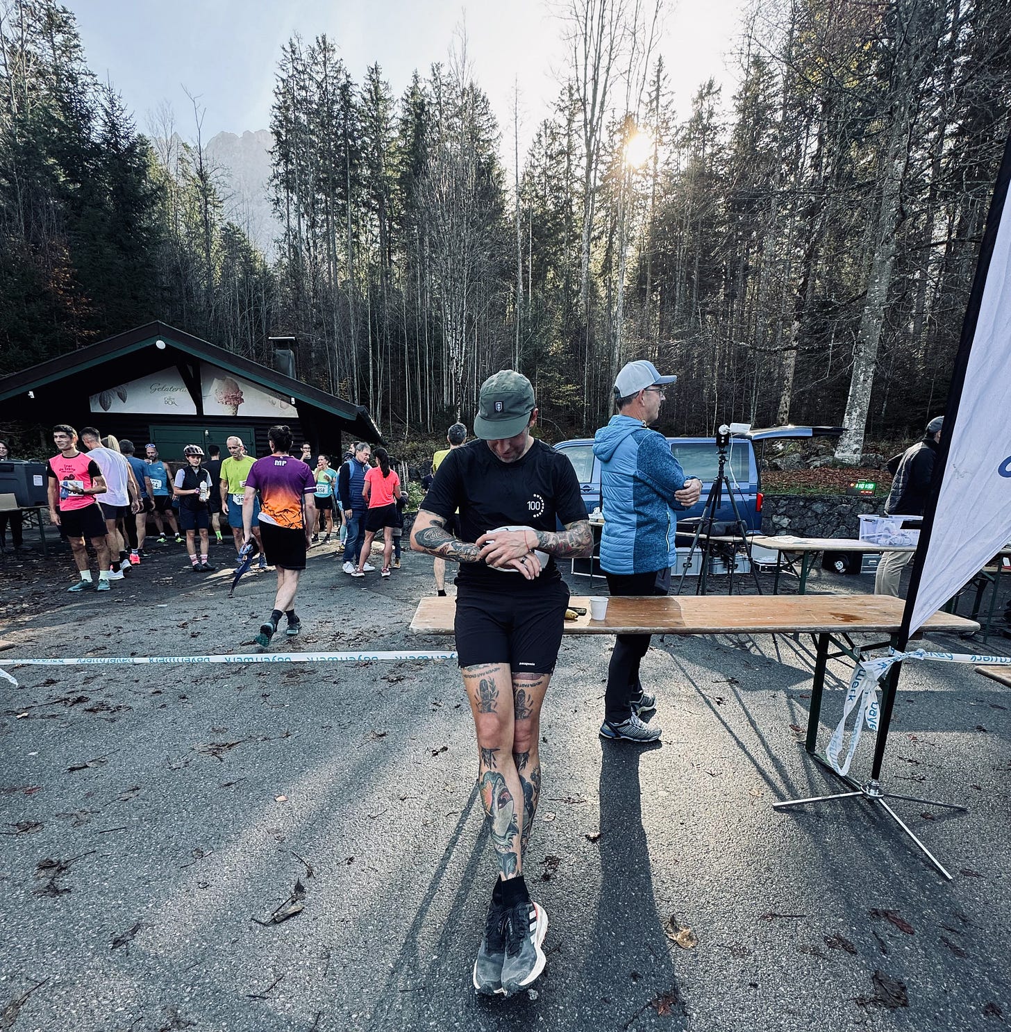 The author stopping his watch after a local race
