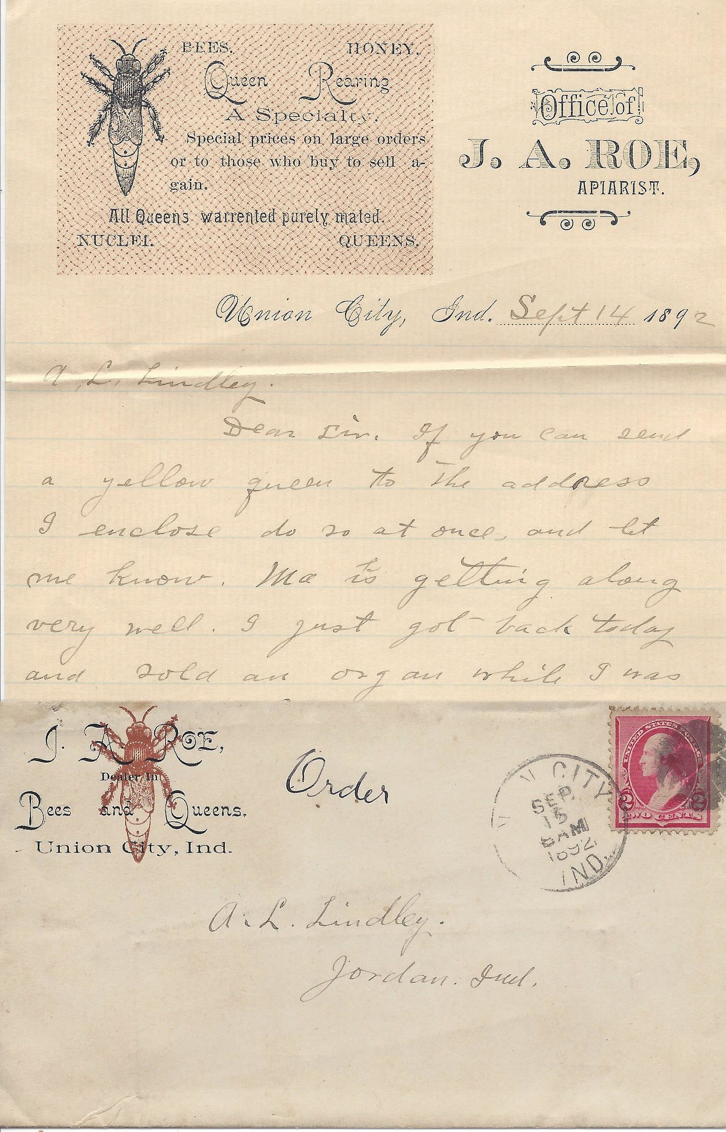 envelope and letter featuring honey bees