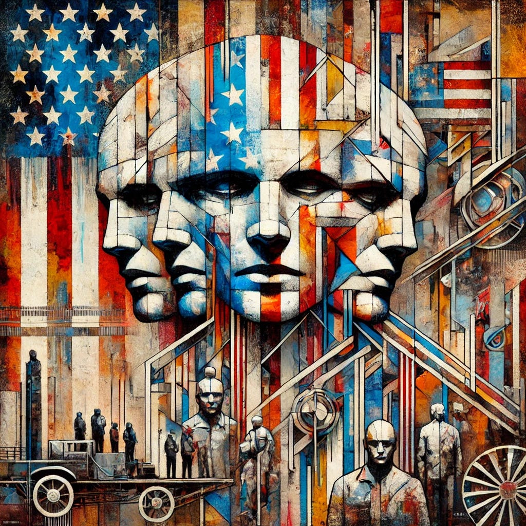 An abstract painting inspired by Antonio Berni's style, featuring symbolic representations of a 'broligarchy' as faceless, distorted figures in fragmented shapes and textures. The figures merge with an abstracted, deconstructed American flag, represented by disjointed stripes and stars in bold, uneven patterns. The artwork uses a mix of vibrant and muted colors, chaotic lines, and layered textures to convey a sense of societal tension and power imbalance. Industrial and urban motifs subtly emerge in the background, blending realism with abstraction to evoke a deeper reflection on modern capitalism and societal structures.