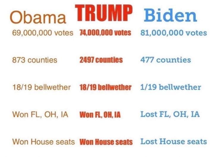 May be an image of one or more people and text that says 'Obama TRUMP Biden 69,000,000 votes 74,000,000 votes 81,000,000 votes 873 counties 2497 counties 477 counties 18/19 bellwether 18/19 bellwether 1/19 bellwether Won FL, OH, IA Won FL, oH, IA Lost FL, oH, IA Won House seats Won House seats Lost House seats'