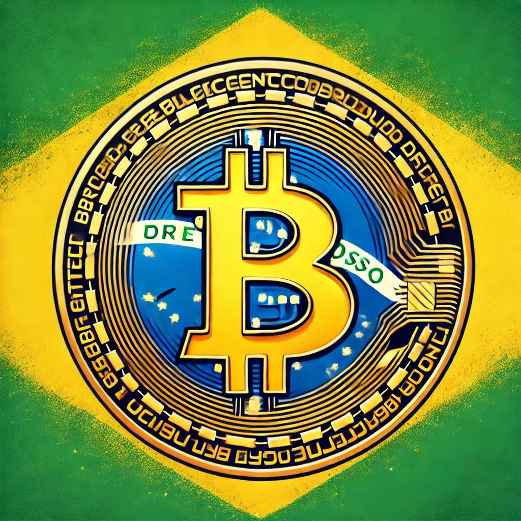 An artistic image combining the Bitcoin symbol and the Brazilian flag. The Bitcoin symbol is prominently displayed, integrated with the green, yellow, and blue colors of the Brazilian flag. The design blends the two seamlessly, with the Bitcoin symbol appearing at the center of the flag's circle, symbolizing innovation and economic connection. The overall theme is bold, vibrant, and represents the merging of Bitcoin with Brazil's identity.