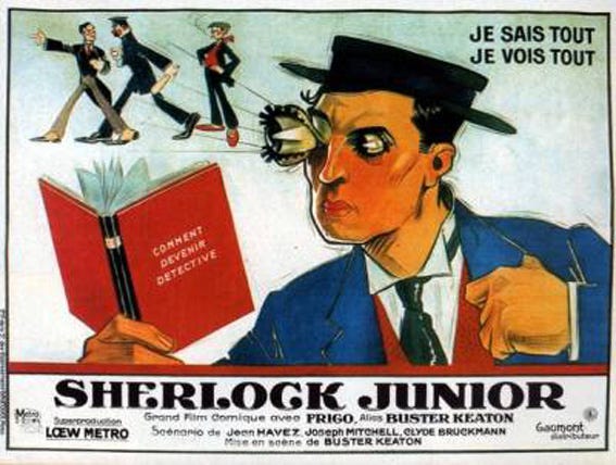 French film poster for the 1924 Buster Keaton film Sherlock Jr. We see Keaton's character examining a how-to manual for aspiring detectives.