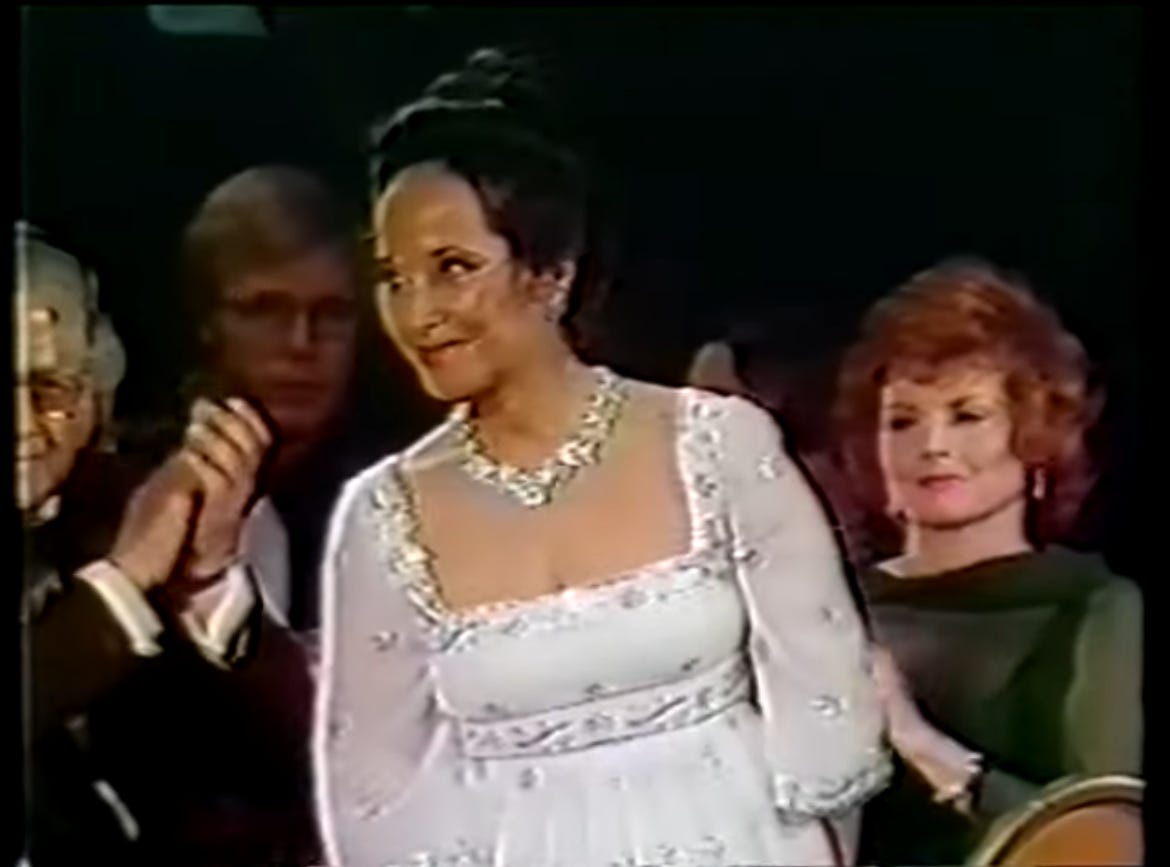 color still from television of Merle Oberon at the AFI tribute to William Wyler