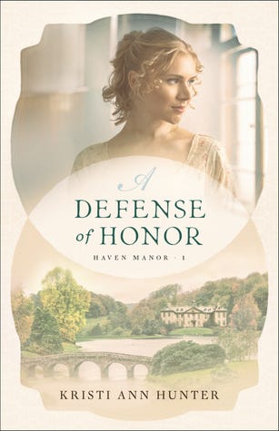 a defense of honor cover, a woman looking over the landscape of a bridge and large home in the country