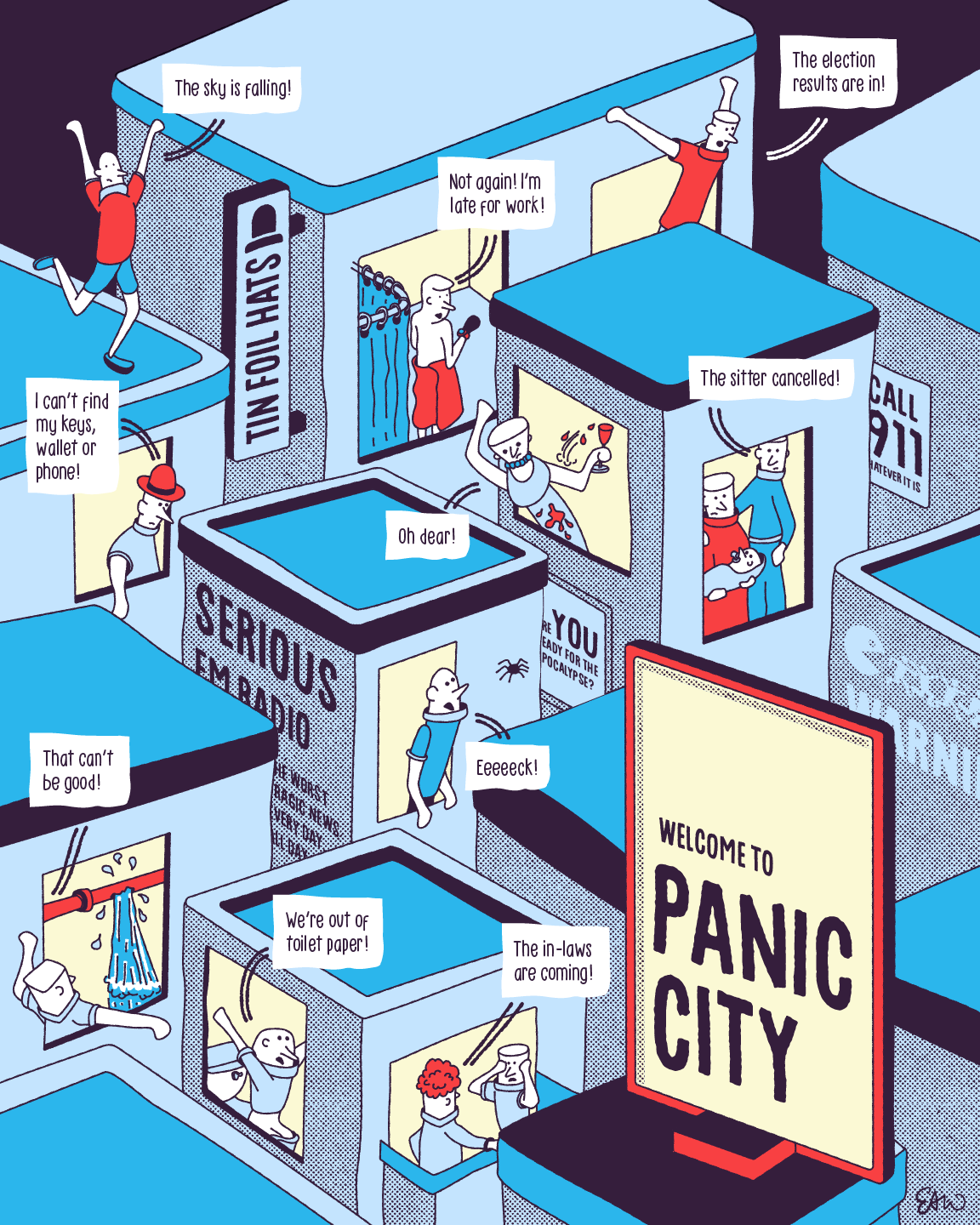 An illustration of an urban landscape drawn in an isometric grid showing different characters in anxiety enducing situations. There is a sign in the foreground that reads Welcome to Panic City