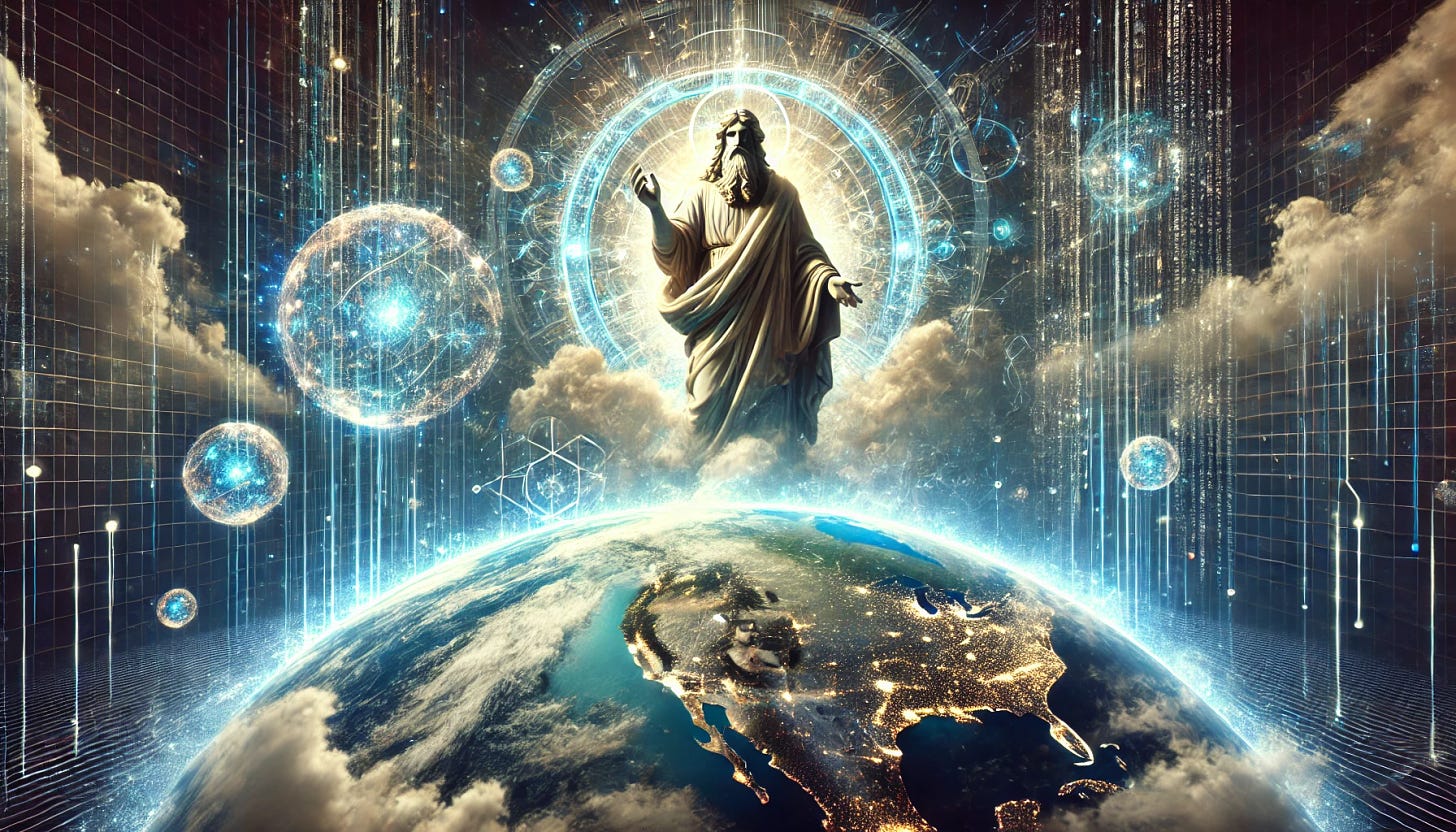 A majestic image of a godlike figure resembling traditional religious iconography, such as a divine statue, standing above a glowing Earth that is partially digital. The Earth appears as a mix of natural textures (clouds, oceans) and glowing gridlines, with parts dissolving into data streams. The divine figure is surrounded by holographic, futuristic elements: glowing rings of light, geometric patterns, and cascading digital code. The backdrop is a blend of celestial and cybernetic, evoking a sense of omnipotence and control over a simulated world.