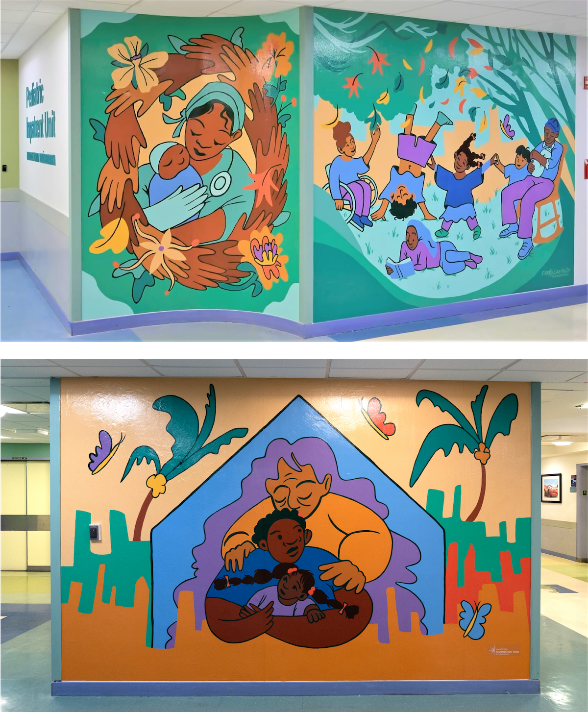 Two images of the mural Seasons of Reciprocity, featuring children playing in a field, a nurse holding a baby within a hands wreath, and three generations of a family within a house-like structure in a city with palm trees