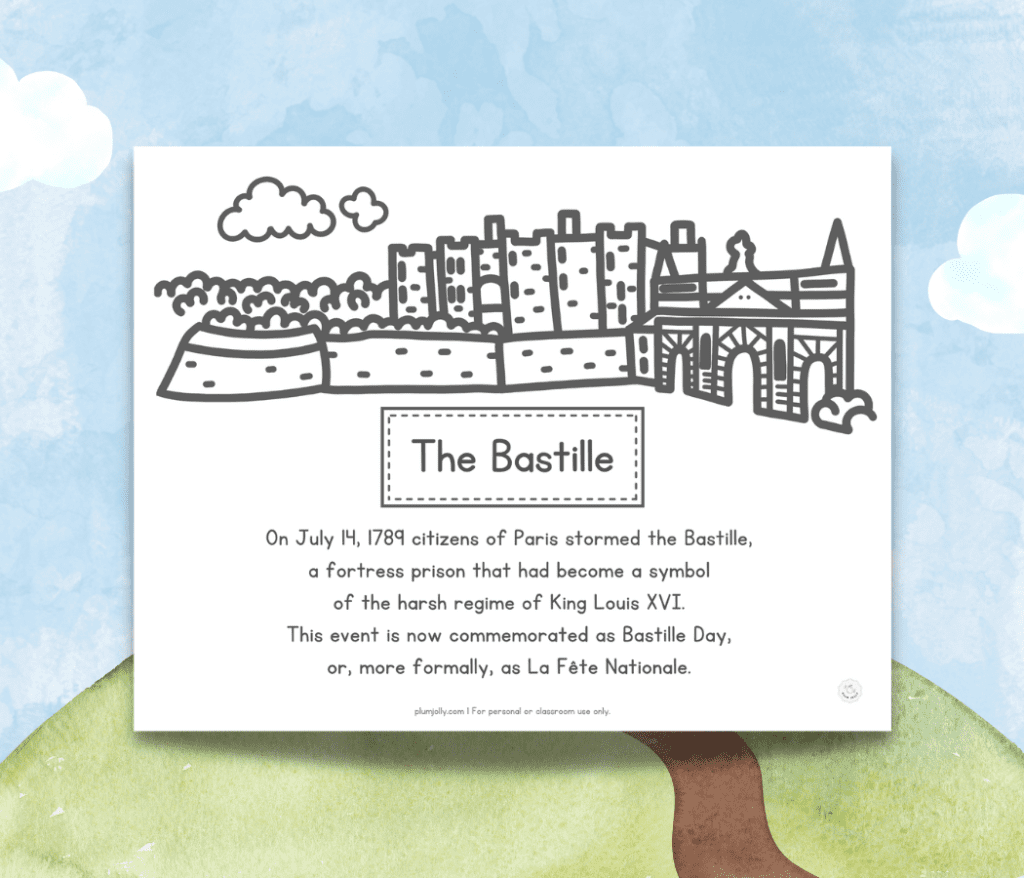 A Bastille coloring page, one of our French Revolution for kids printables is pictured. The words: The Bastille and a brief explanation are one bottom.