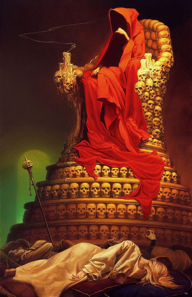 A solitary figure sits atop a throne made entirely of skulls. His hands are the only features not obscured by shadow or the flowing crimson of his hooded cloak, which spills down the raised dais. Candles set on each arm of the throne melt over the inset skulls. A wisp of smoke trails from one. On the floor lie several bodies. One man died clutching his throat. A woman in a white gown lies awkwardly on one hip while her arm extends behind her where she fell. An empty chalice lies on its side.