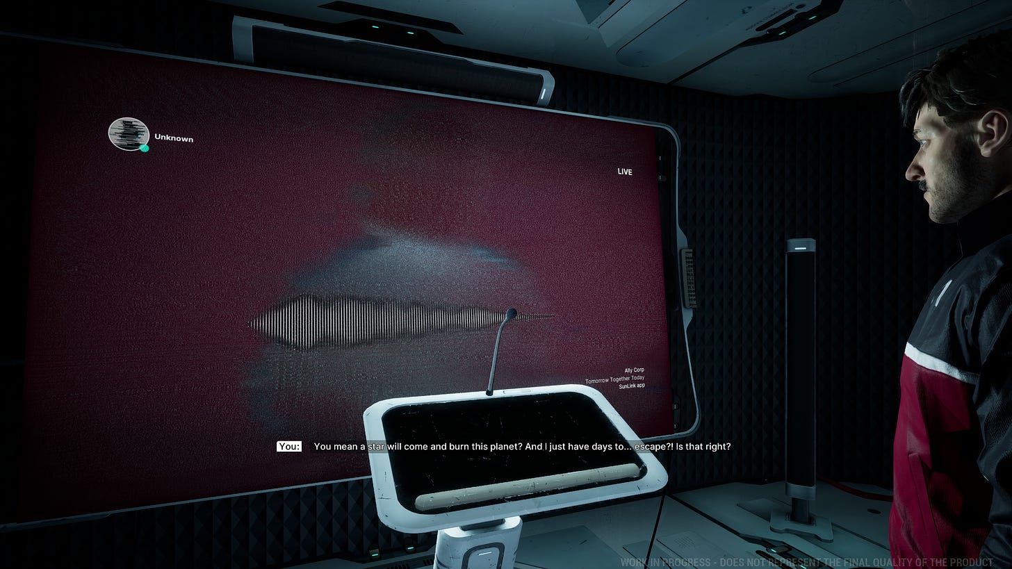 A screenshot of the game The Alters, developed by 11 bit studios, showing the main character in a conference call with an unknown recipient. The caption says: "You mean a star will come and burn this planet? And I just have days to... escape?! Is that right?"