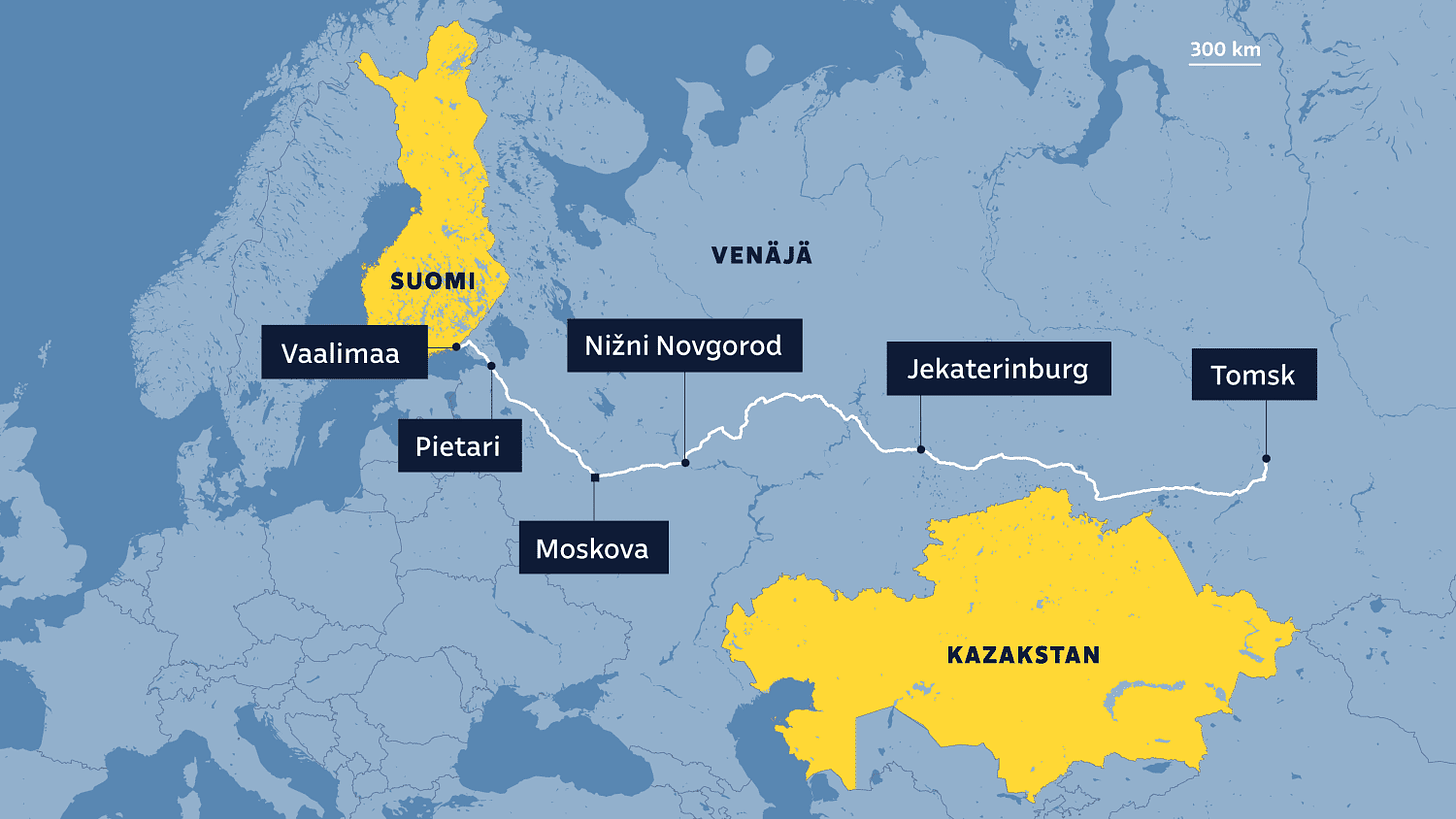 Kartassa on merkattuna reitti, joka kulkee reittiä: Vaalimaa, Pietari, Moskova, Nižni Novgorod, Jekaterinburg and Tomsk.  Karttaan on myös merkattu korostusvärillä Suomi ja Kazakstan.