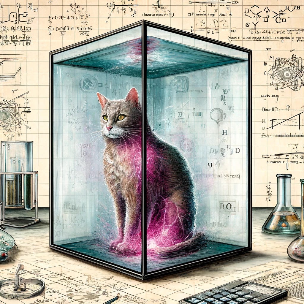 A detailed illustration of Schrödinger's cat inside a sealed box. The cat is shown in a quantum superposition state, appearing both alive and dead simultaneously. The box is partially transparent, revealing the cat's ambiguous state. There are scientific symbols and equations representing quantum mechanics around the box, with a mix of futuristic and classical physics elements. The scene is set in a laboratory, with lab equipment and a chalkboard with more equations in the background.