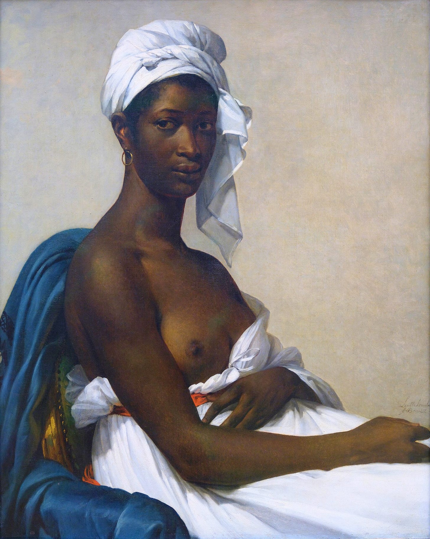 Photo of Black woman with exposed breast known as Portrait of Madeleine, formerly Portrait of a Negress, in the Louvre Museum 1800.