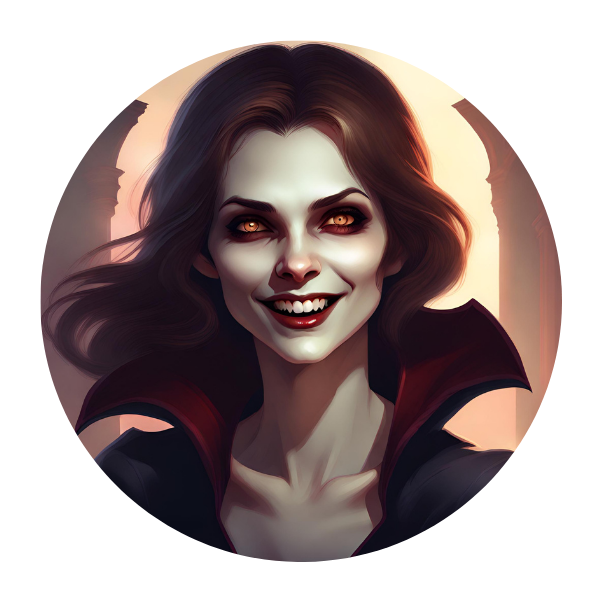 A smiling female vampire.