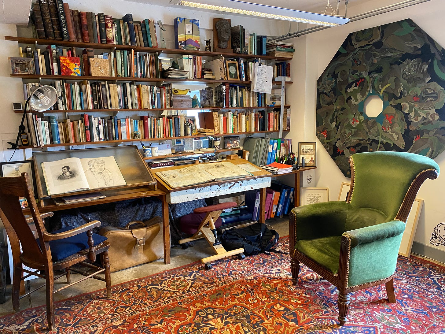 alasdair gray's desk and books and chair