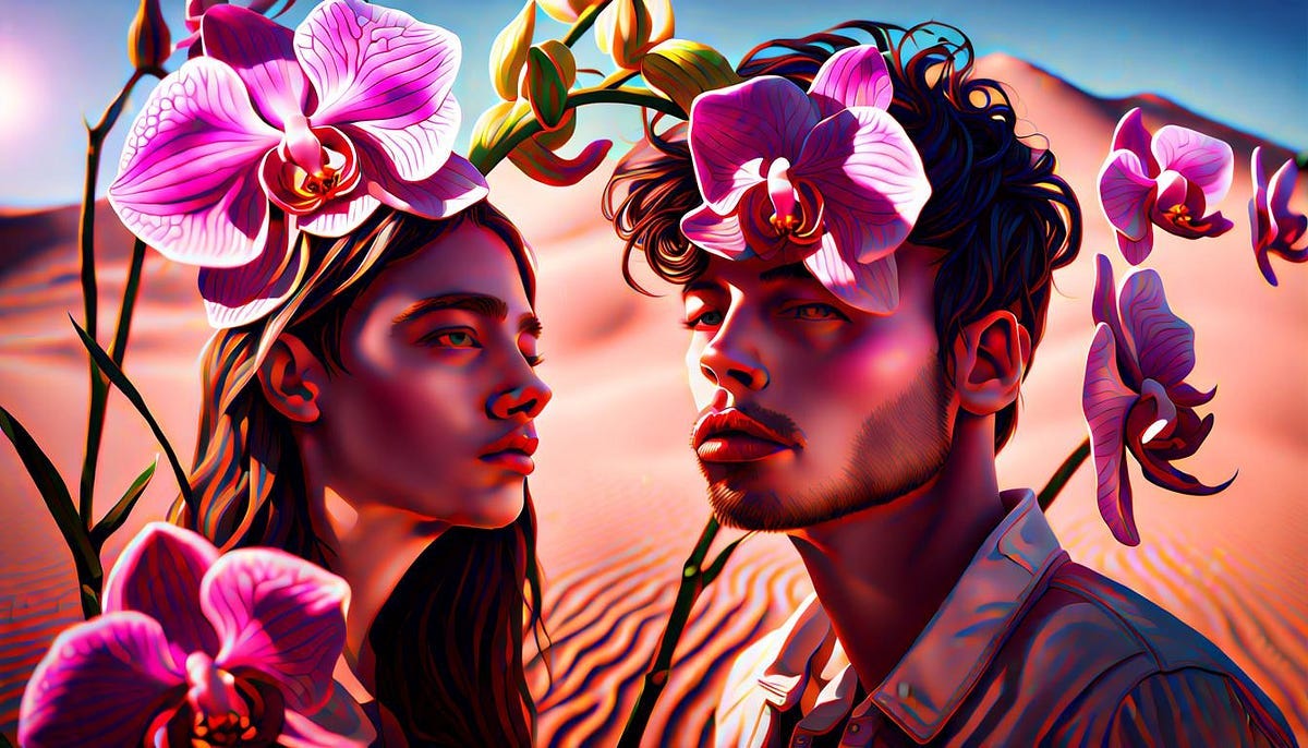 2 young persons with orchids, in the desert